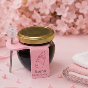 Tarro de miel personalizado para bautizo – Rosa