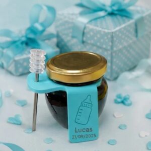 Tarro de miel personalizado para bautizo – Turquesa