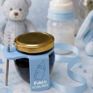 Tarro de miel personalizado para bautizo - Azul